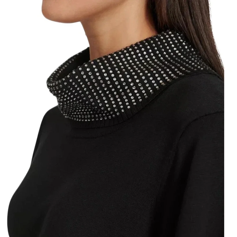 Calvin Klein‎ Women Black Mock Neck Embellished Sheath Dress Long Sleeve S